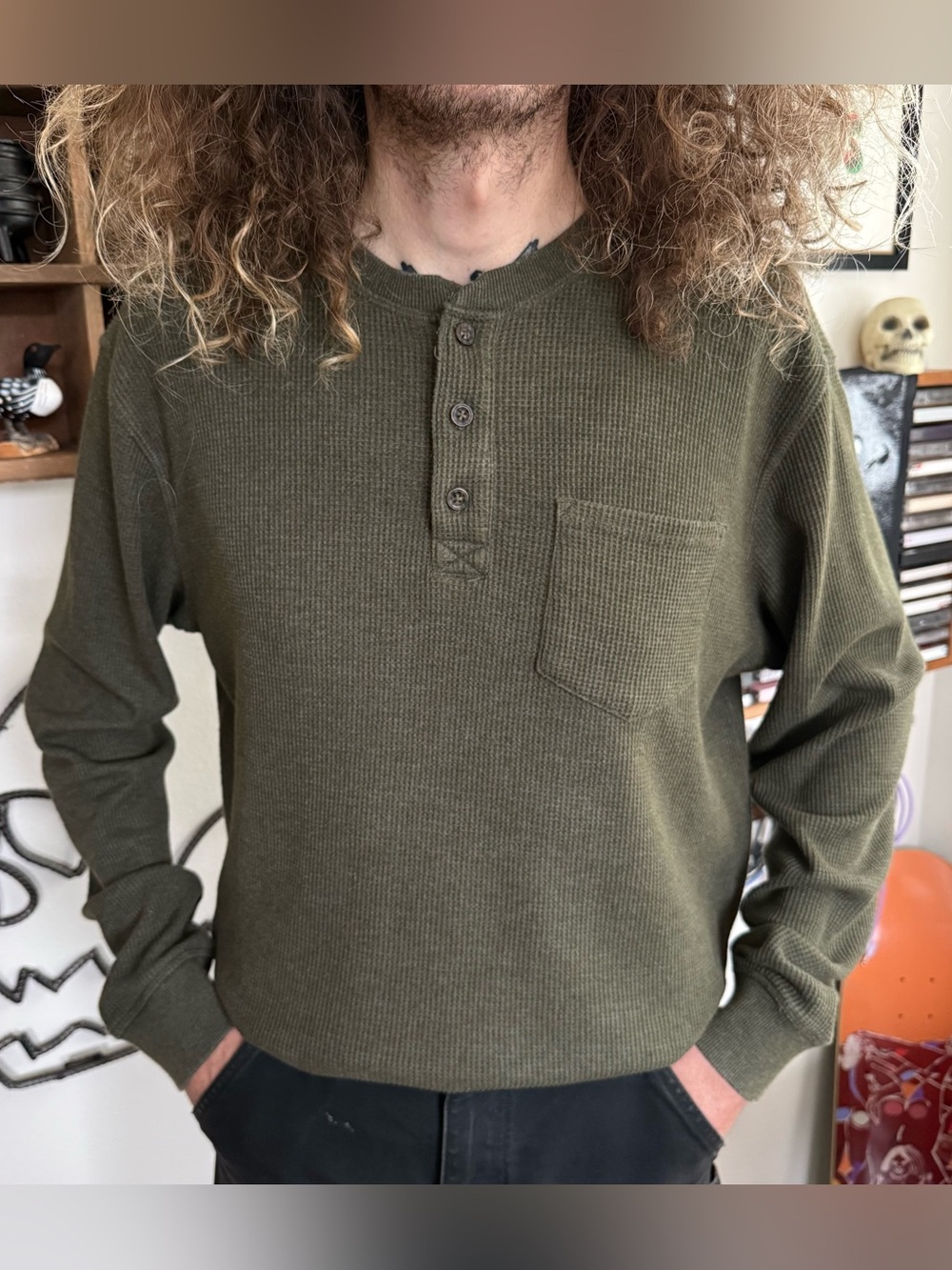 Olive Green Henley Pocket Waffle Thermal ~ Size Large